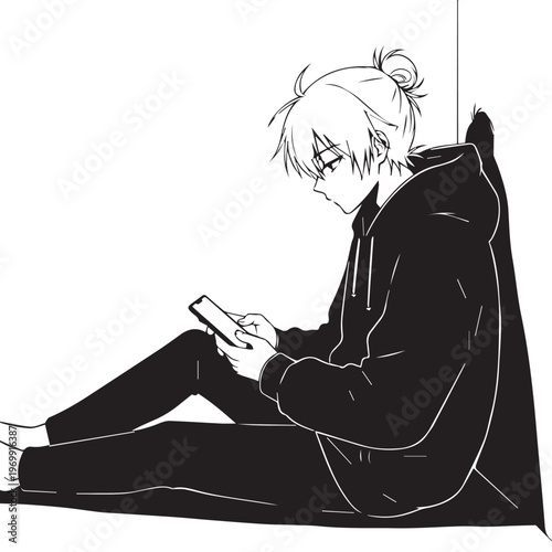 Man sitting, reading phone, manga style, black and white, vector illustration, modern youth culture