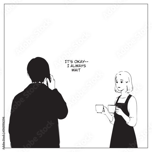 black and white illustration, man and woman talking, conversation, waiting, relationship, communication, emotional moment