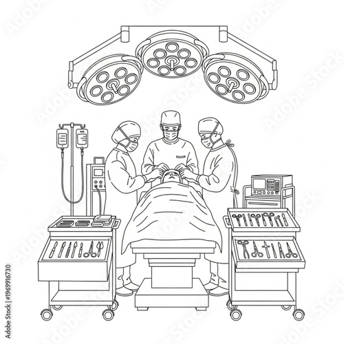 Medical team performing surgery under surgical lights in operating room.