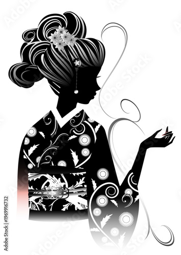 女性の顔、日本髪、着物