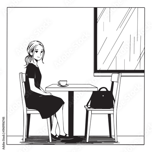 Black and white, woman sitting alone at a table, coffee cup, minimalist illustration, cafe scene