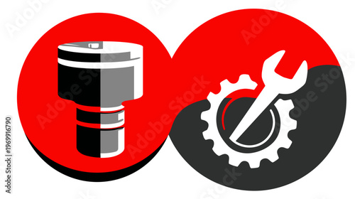 Mechanical illustration split into two parts; red circles frame a piston and a wrench/gear combo