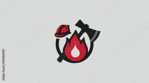 A stylized graphic depicting a firefighting motif with helmet, ax, and flames