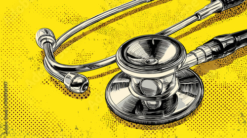 Close-up illustration of a medical stethoscope on a yellow background with dots, retro style