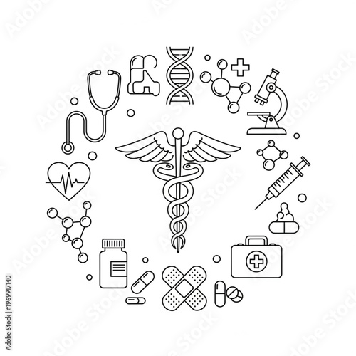 Medical healthcare illustration with various medical symbols and elements in a circle.
