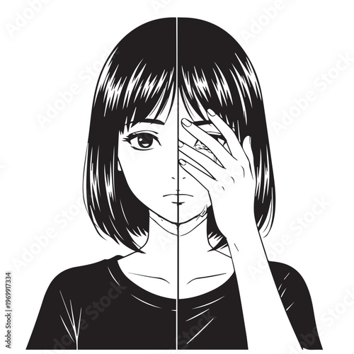 Split personality, woman covering face, black and white, vector illustration, emotional expression