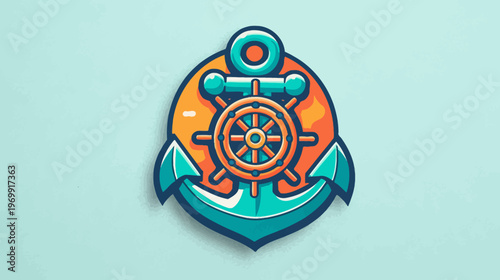 A stylized illustration features an anchor with a ship's wheel against an orange background