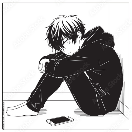 Sad anime boy, sitting alone, depression, mental health, vector illustration
