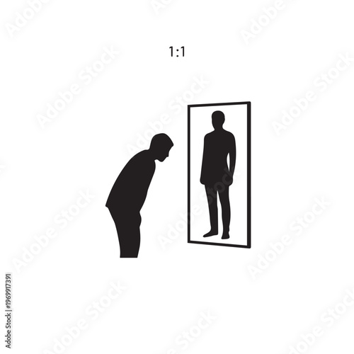 Silhouette of man looking at reflection, self-discovery concept, black silhouette, mirror image, vector illustration