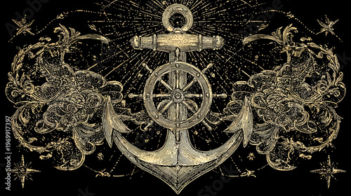 A vintage golden anchor emblem with a ship's wheel and flourishes on a black background