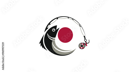 A cartoon image depicting a stylized fish leaping, with a fishing rod hook and reel