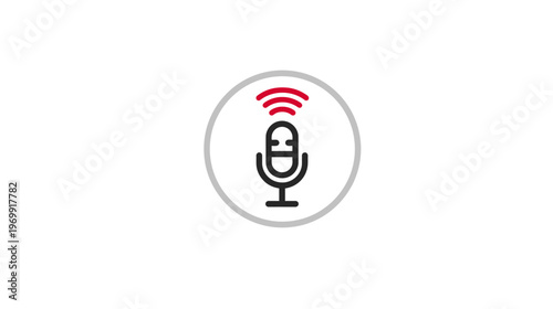 A stylized microphone icon emitting sound waves, enclosed in a circle, on a white background