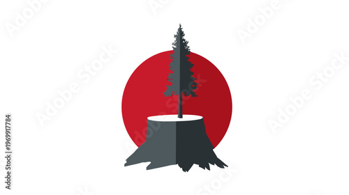 A stylized illustration features a tree stump with a growing tree behind a vibrant red sun