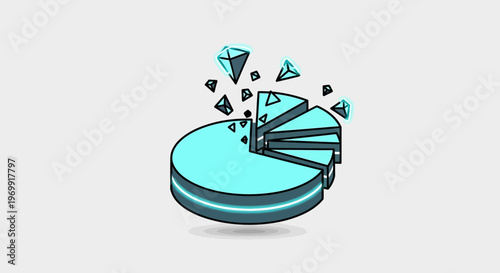 Abstract Cyan Pie Chart Exploding with Geometric Shapes