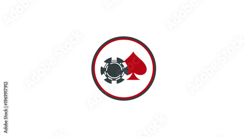 A casino-themed illustration, showcasing a poker chip and a spade within a circular frame on a white background