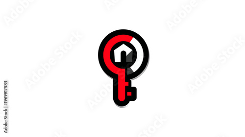 A key design with a home icon, featuring red and white colors on a black outline