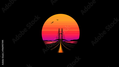 A stylized bridge scene, road leading into an vibrant sunset with two birds flying