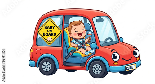 Cute Cartoon Baby Sitting in Car Seat with Baby on Board Sign Safety Concept