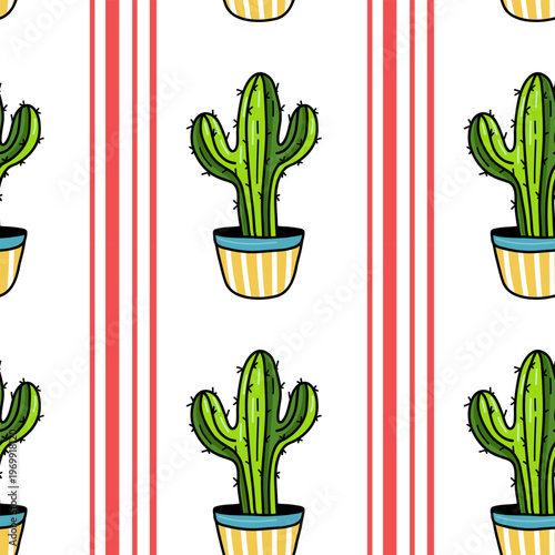 Cute cactus seamless pattern. Desert spiny plant, mexico cacti flower and tropical home plants.