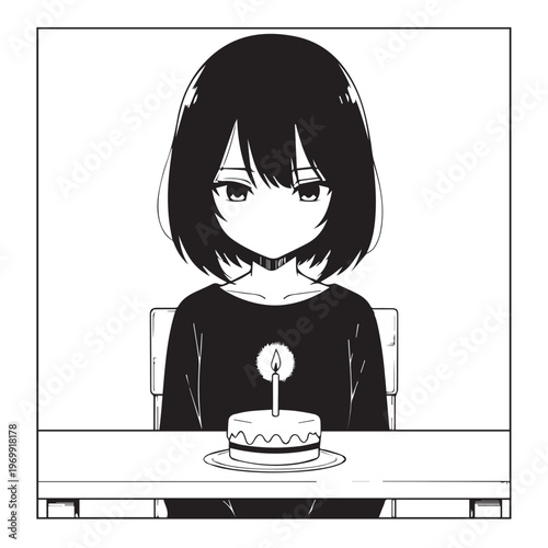 Kawaii girl, birthday cake, manga style, black and white, vector illustration