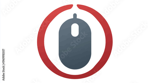 Stylized illustration of a computer mouse within a partially enclosed red circle. The mouse has a button