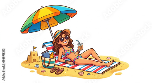 Beautiful Young Woman Relaxing on Tropical Beach Under Parasol Illustration
