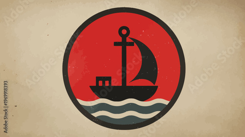 A boat icon with mast and sail on waves inside a red circle, set on a faded, textured beige background