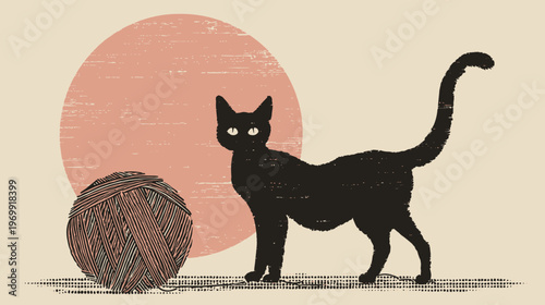 A silhouette of a cat stands before a pink circle and a ball of yarn, set against a beige backdrop