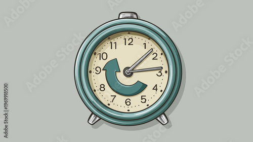A stylized alarm clock with a blue-green frame, set against a light grey background. A looping arrow is visible