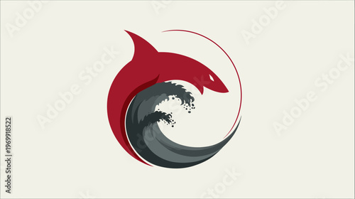 A stylized design featuring a shark in a circle with a wave in shades of gray