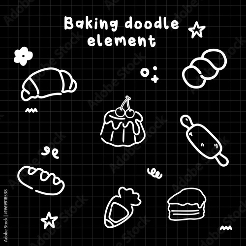 Hand drawn baking doodle elements on black background