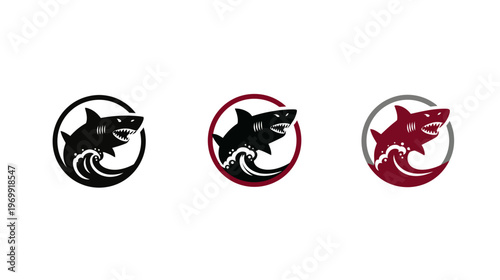 A stylized image featuring a shark emerging from ocean waves within a circle, various color schemes