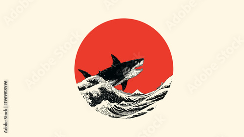 A monochrome illustration of a shark leaping from waves in front of a red sun