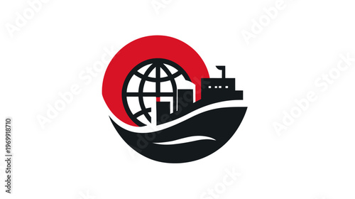 A stylized logo depicts a globe, a ship, and buildings in black and red, set against white
