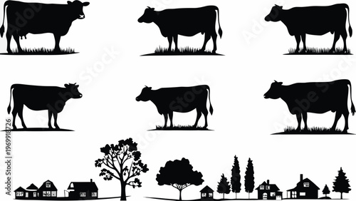 A set of black silhouettes depicting cows and a rural landscape with houses and trees.