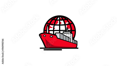 A red cargo ship is depicted in front of a globe, showcasing global transportation
