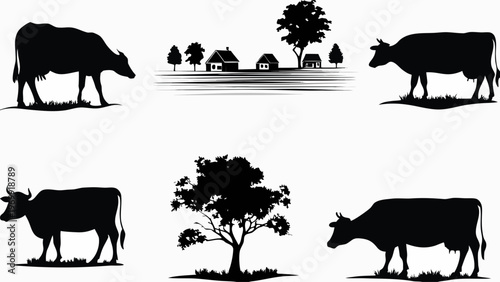 A set of black silhouette vector graphics depicting cows and a rural landscape with trees and farmhouses