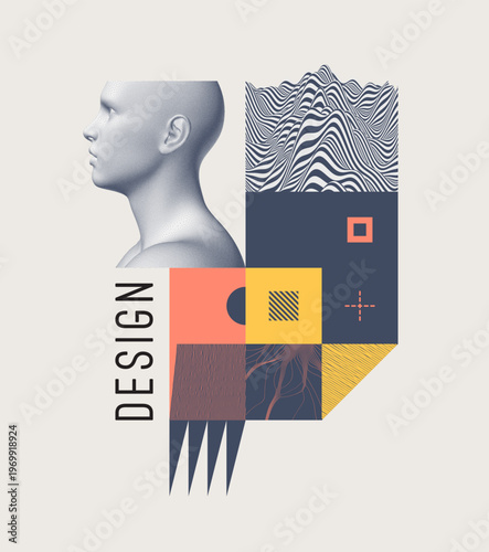 Digital human head. Geometrical pattern. Mosaic. Mountain. Landscape background. Cover design template. Vector for presentation, placard, banner, poster, brochure or notebook.