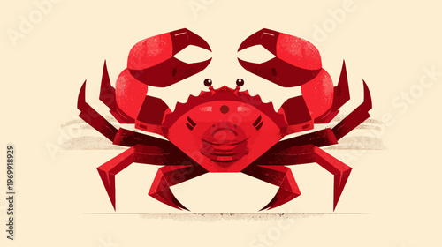 A cartoon crab with large pincers and a smiling expression on its face, in red hues
