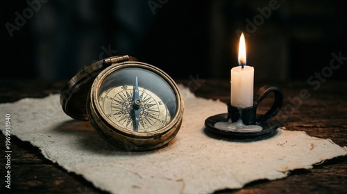 Antique Compass and Lit Candle Illuminating Old Paper for Discovery