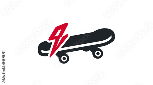 A stylized skateboard illustration featuring a red lightning bolt symbol over the board, with white background