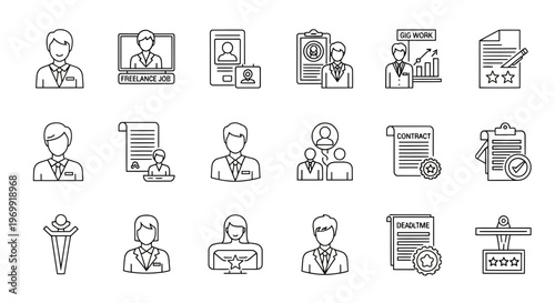 Comprehensive Set of Line Icons for Human Resources, Recruitment, Job Application Processes, and Business Professional Concepts. Vector Outline Collection for Employment and Career Management