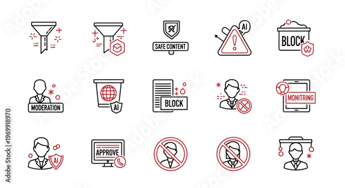 Comprehensive collection of line art icons illustrating digital content moderation, online security, access control, and data filtering concepts for modern web and application interfaces