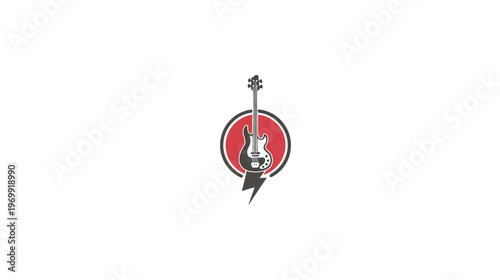 A stylized illustration featuring a bass guitar, red circle, lightning bolt, and music