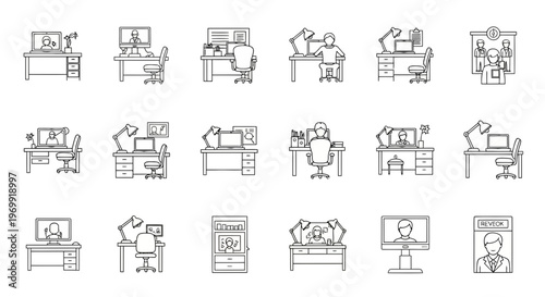 Diverse Work From Home and Office Scenarios Line Art Icons Depicting People Engaged in Computer-Based Tasks and Online Activities for Modern Professional Life