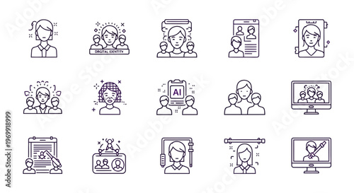 Modern Line Icons Collection Representing Digital User Profiles, Human Resources, Team Collaboration, and Artificial Intelligence Concepts