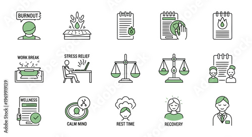 Diverse collection of outline icons illustrating mental well-being, stress management, work-life balance, burnout prevention, relaxation techniques, and recovery in the modern workplace