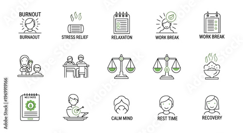 A curated collection of modern linear vector icons focused on mental well-being, stress management, relaxation, and achieving work-life balance for personal health