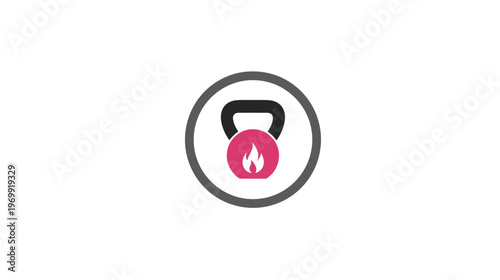 A weight training icon features a kettlebell with a pink core containing a white flame, circled