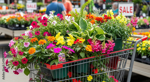 Colorful flower cart filled with vibrant blooms at a garden center, shoppers and sale signs visible in the background